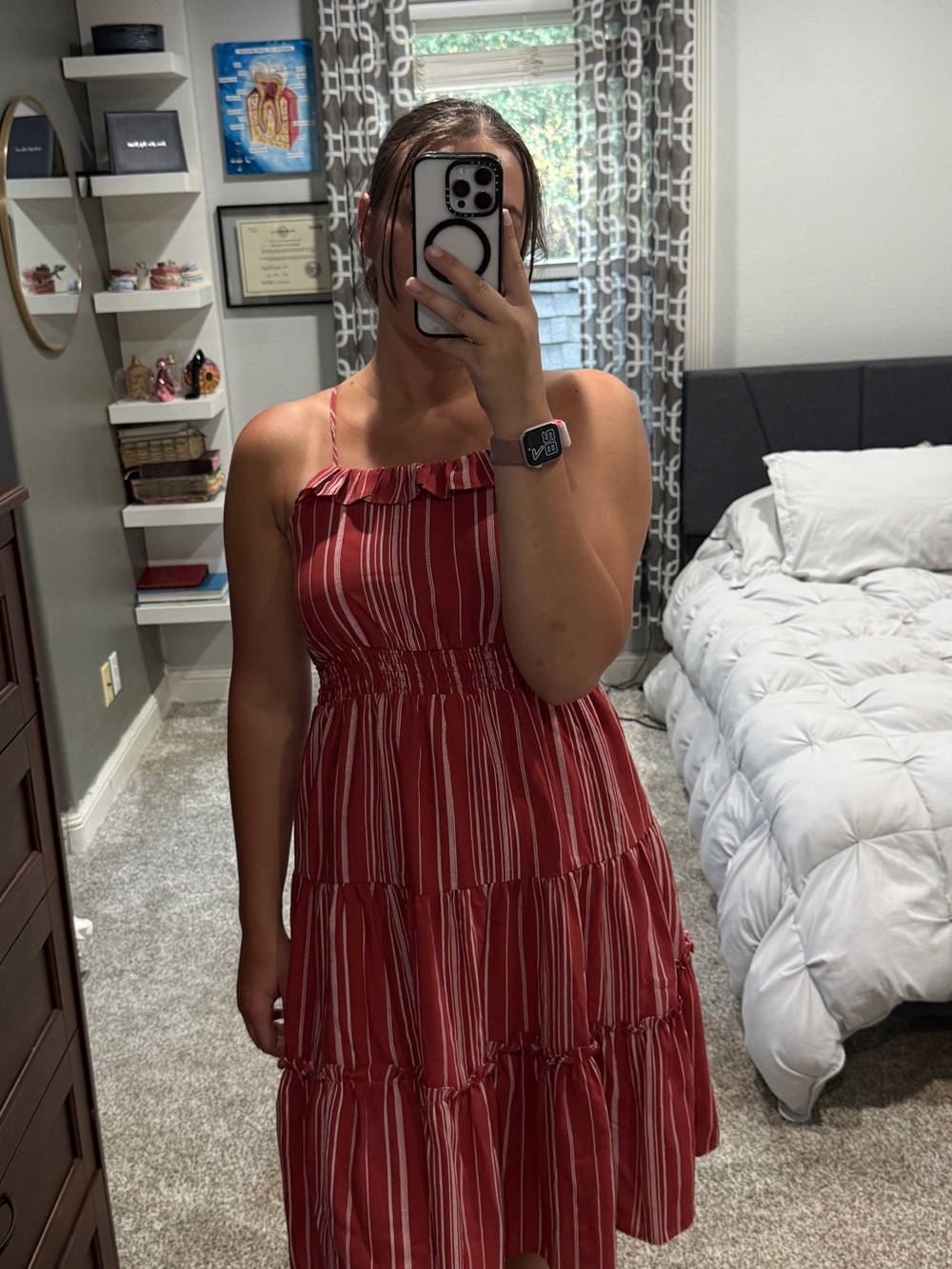 Calvin Klein Red and White Striped Tiered Midi Dress